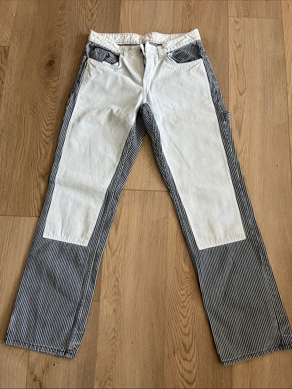 Striped Carpenter Pants with Light Blue Patch Panels